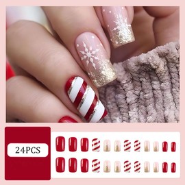 Christmas Nails Almond Press On With Golden Red French Glitter Stripes Design - 24Pcs Fake Nails With Glue
