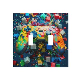 WUYOCHA Decorative Light Switch Plate Covers Colorful 6D Cube Watercolor Game Controller Printed 2 Gang Wall Plate Double Toggle Switch Cover Plate Electric Dual Device Electrical Faceplate