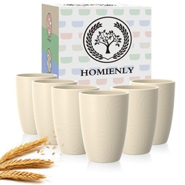 Homienly Wheat Straw Cups, Drinking Glasses Set of 6, 16 OZ Cups for Kitchen, Kids, Camping, Party, Unbreakable Microwave and Dishwasher Safe Water Tumblers, Stackable Plastic Cups-Beige