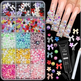 VOTACOS Nail Art Charms Flatback Nail Pearls Flower Bow Nail Gems with Rhinestones Glue Gel 3-10mm Nails Pearls Rhinestone Supplies for Women Acrylic Nails Decoration Design