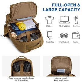 G4Free Pickleball Bag Fits 2 to 6 Paddles, Large Pickleball Backpack with Fence Hook for Men and Women(Khaki)