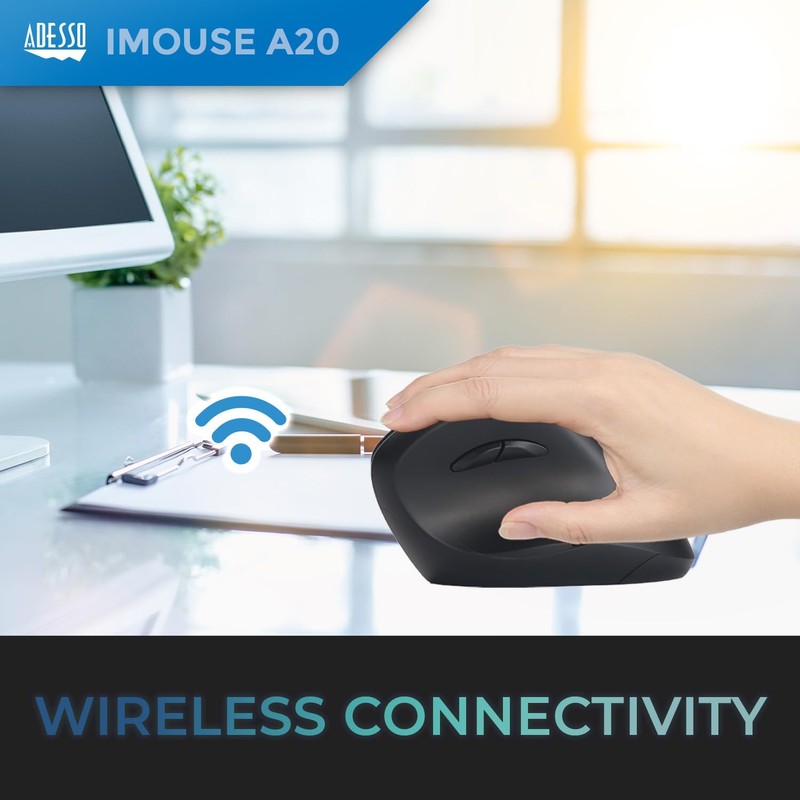 Adesso iMouse A20 Ergonomic Wireless Mouse, 1000/1600/2400 DPI, Vertical Design,
