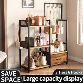 WCBSQX 3-Tier Purse Organizer Rack with Pull-Out Drawer & 6 Adjustable Hooks, Floor Standing Purse Storage Stand, Iron and Wood Handbag Storage Rack for Closet, Bedroom, Entryway (Rustic Brown)
