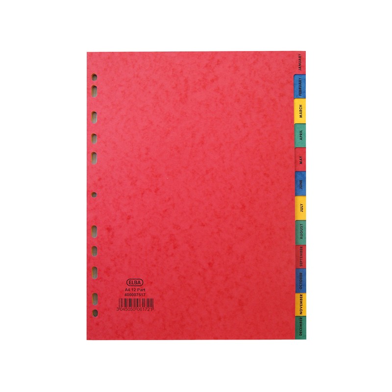 Elba A4 January to December Pressboard Dividers, Assorted Colours, 1