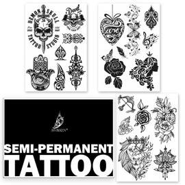 AWAKEN Temporary Fake Tattoos Juice Tattoo Semi Permanent Stickers Waterproof Plant Based Last 1-2 Weeks Unisex Design Astronaut Planets Galaxies Compass Arrow (Pack of 9)