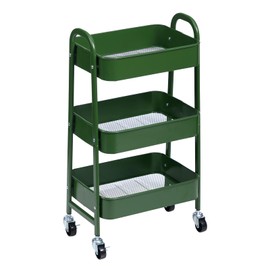 AGTEK 3 Tier Utility Rolling Cart with Lockable Wheels, Metal Multifunctional Storage, Organizer Cart for Kitchen, Office, Living Room, Makeup, Craft, Art Studio, Forest Green