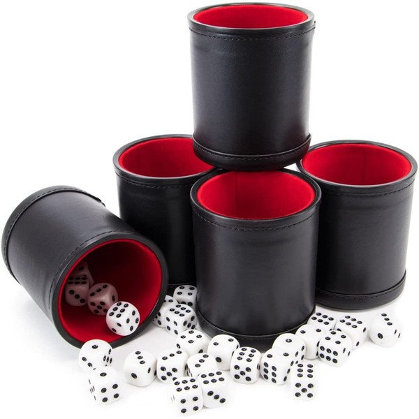 Brybelly Bundle of 5 Professional Dice Cups – Red Felt-Lined, Quality Bicast Leather, Includes 25 White Six-Sided Dice