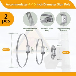 JUGGHOME Adjustable Sign Mounting Brackets for Larger Diameter Poles, Sign Mounting Hardware for Light Poles, Street Sign Holder Bracket, Pole Clamps Brackets with Stainless Steel Straps -2 Set