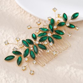 YUEKISEN Flower Rhinestone Wedding Hair Comb Handmade Rhinestone Hair Piece Bridal Green Crystal Hair Comb Headpiece Hair Side Comb Hair Accessories for Women (Green)