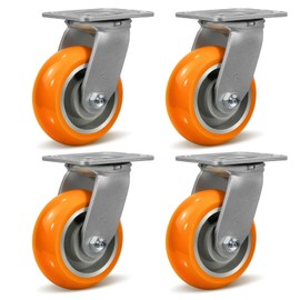 CWfutureparts 5"X2" Caster Wheels,Heavy Duty Industrial Casters,Orange Crown Tread Polyurethane on Aluminum Caster Wheels,Roller Bearing,4 Swivel Caster,4000lbs Load Capacity- Per Set of 4
