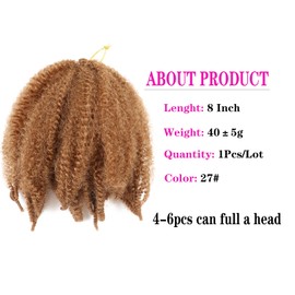 1Pack Marley Braiding Hair 8Inch Short Afro Kinky Twist Crochet Hair Braids Synthetic Fiber Hair Extensions for Women(27#)