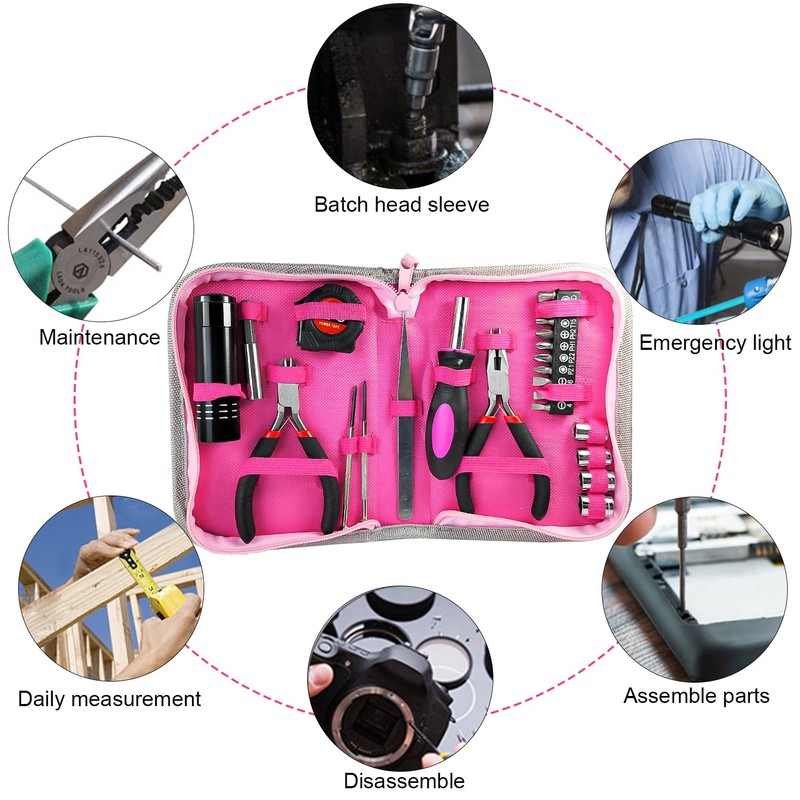 23 Pieces Pink Tool Kit, Comes with Pliers, Socket, Screwdriver,