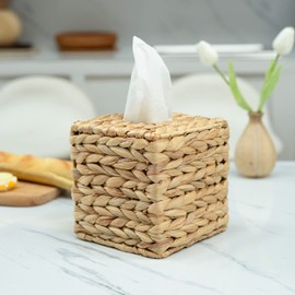 KOLWOVEN Square Tissue Box Cover- 5.7" x 5.7" x 5"- Decorative Woven Facial Tissue Holder with Hinged Top Lid- Facial Box for Home, Office,Bathrooms, Decoration (Square- Set 2)