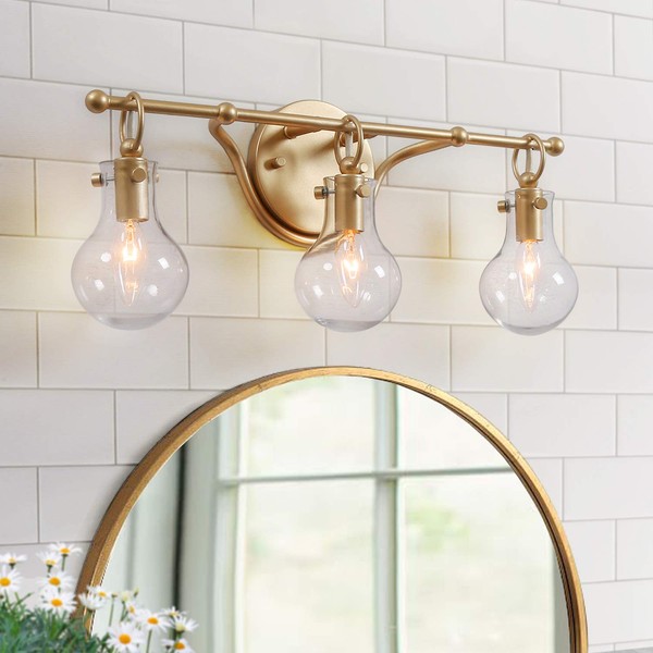 KSANA Gold Bathroom Light Fixtures, 3-Light Vanity Light Fixtures with Clear Glass