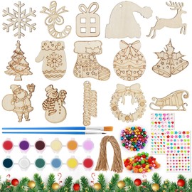 Annickee Pack of 60 Christmas Wooden Ornaments, 15 Styles Christmas Crafts, Wooden Christmas Tree Decorations with 60 Pieces Cords and Bells, Wooden Christmas Shapes for Crafting With Stickers,