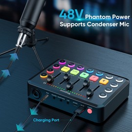 Wegrower Rechargeable Audio Mixer with Tripod for Gaming & Podcasting - 48V Phantom Power, Dual Mic Inputs, RGB Lighting, 1-Click Noise Cancel, Voice Changer, Plug & Play (W-11BK)