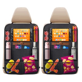IHHTRHET Car Backseat Organizer with 10" Touch Screen Table Holder, 2 Pack, 10 Storage Pockets, Seat Back Protectors, Kick Mats, Travel Accessories