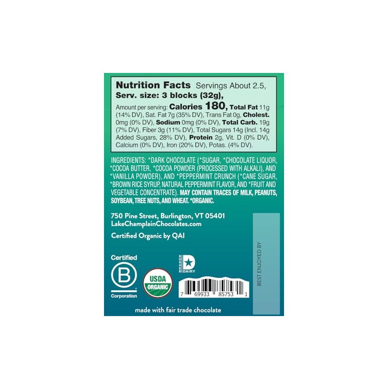 Lake Champlain Organic Dark Chocolate Peppermint Crunch Candy Bar, 3
