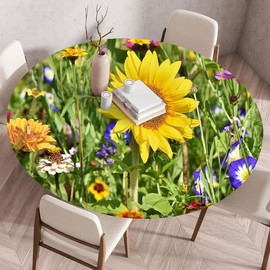 Highdi Tablecloth Washable Round 110 cm, Elastic 3D Sunflower Tablecloth Outdoor Lotus Effect Tablecloths Garden Tablecloth Cloth for Restaurant, Ideal for 100 cm - 105 cm