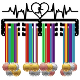 CREATCABIN Running medal holder, medal hanger, presentation stand, sports metal suspension, awards, iron, small holder, heartbeat for badges, racers, marathons, black, 29 x 12.5 cm