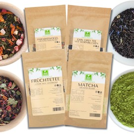 Various Tea Types Megaset from the Green Essence 4 Delicious Tea Varieties Earl Grey Tea Fruit Tea Matcha Powder Aromatic Sencha Green Tea in Pack of 4 Various Loose Tea Varieties