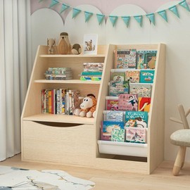 TOETOL 3 Tier Kids Bookshelf and Book Storage，6 Sling Toddler Bookshelf, Storage Boxes Book Shelf & Organizer for Nursery Playroom Classroom Library Bedroom Natural Wood