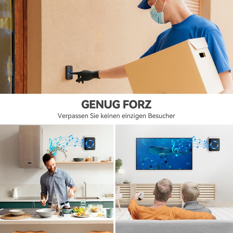 TECKNET Wireless Doorbell, Wireless Doorbell Set, 400 m Range, IP65