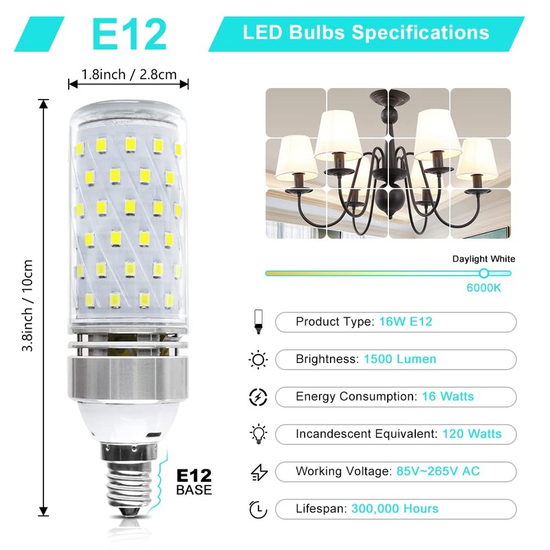 Super Bright E12 LED Bulbs, 16W 1500LM Corn Bulbs, Daylight