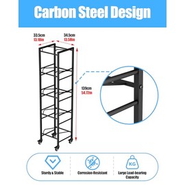 5 Gallon Water Jug Holder, Movable 5 Tier Heavy Duty Water Rack with 4 Wheels, Rack for Water Jug Storage, Space Saving Water Stand for Five 5 Gallon Water Jugs, Black