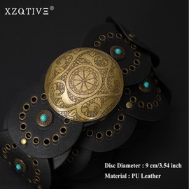 XZQTIVE Western PU Leather Belts for Woman Concho Cowgirl Cowboy Disc Belt for Ladies Wide Boho Country Waist Belts for Dress, bronze buckle, Black, 145cm