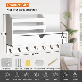 dreampossible Key and Mail Holder for Wall, Mail Organizer Wall Mount with 6 Hooks and Storage Drawer, Wooden Key Rack Hanger with Shelf for Entryway and Home Decor