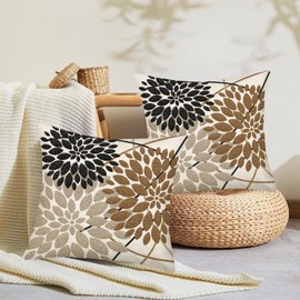 Smilyard Brown Tan Black Pillow Covers 24x24 Inch Set of 2 Dahlia Floral Decor Throw Pillows Spring Summer Modern Geometry Flower Outdoor Decorative Cushion Cases for Sofa Couch Bed Decorations
