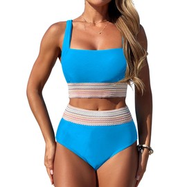 ZAFUL Women High Waisted Bikini Tummy Control Swimsuits Two Piece Swim Suits for Women 2025 Sporty Bathing Suit Swimwear Blue