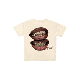 Verdusa Women's Lips Print Graphic Tees Y2k T Shirts Summer Crew Neck Vintage Going Out Tops Khaki X-Large