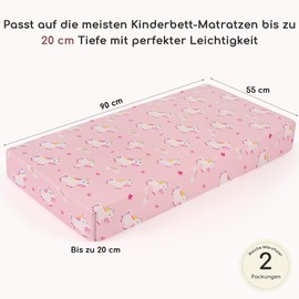 Yukkidds Baby Fitted Sheet Elasticity Breathable Microfibre Mattress Cover Sheet for 50 x 90 cm 55 x 90 cm Travel Cot Side Cot Baby Cot Pack of 2, Pink Unicorn