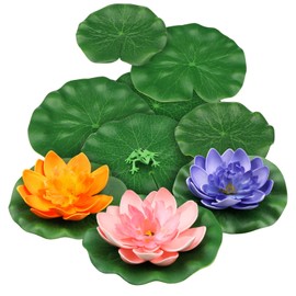 PietyPet 10pcs Floating Foam Lotus Flowers with Artificial Frog Lotus Leaves, Lily Pads for Lake, Artificial Pond Plants Ornaments for Pool Aquarium Water Decoration, Colorful