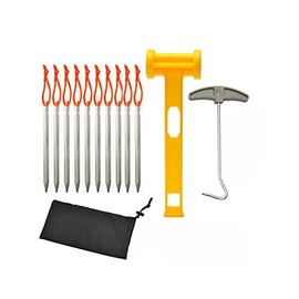 Tiardey 10Pcs Aluminum Lightweight Tent Stakes Set, Camping Tent Stakes Accessories Kit,Tent Stakes, Plastic Hammer, Nail Puller with Bag for Easy Camping - Silver