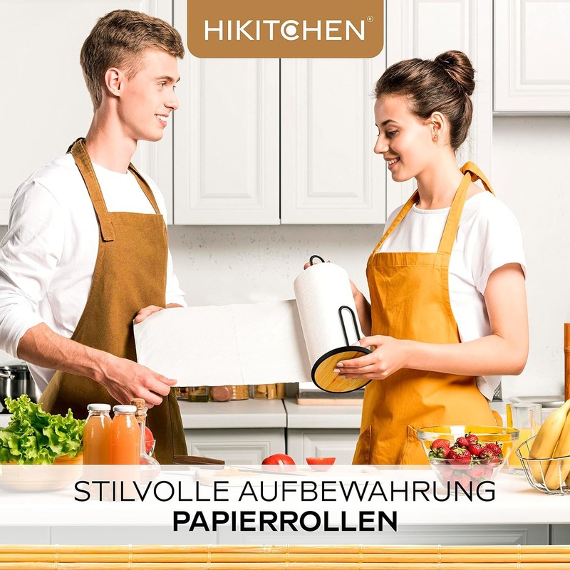 HIKITCHEN® Steel Stand Kitchen Roll Holder with Bamboo Base -