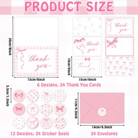 24 Pack Pink Bow Thank You Cards with Envelopes Stickers Bow Theme Paper Greeting Cards Coquette Bow Business Cards Blank Note Cards for Girls Bridal Baby Shower Birthday Party Wedding 6 x 4In