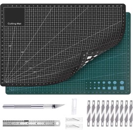 2 tapete de corte A3 Autorreparable,Incluye regla y cuchillo de corte tabla de corte para manualidades,Antideslizante,Doble Cara, 5 Capas, PVC, para Manualidades, Tela,Verde + negro