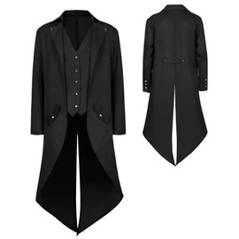 YQVGFBY Men's Gothic Steampunk Tailcoat Men, Medieval Victorian Vintage Jacket Uniform Long Tuxedo, Renaissance Pirate Vampire Party Cosplay Costumes for Adults Men (Black, M)