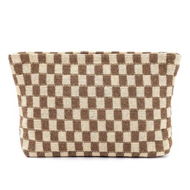 VDOOREE Checkered Makeup Bag for Women Plaid Cosmetic Bag Large Capacity Makeup Bags Aesthetic Handbags Purses Make Up Bag Travel Toiletry Bag Organizer (2pc brown)