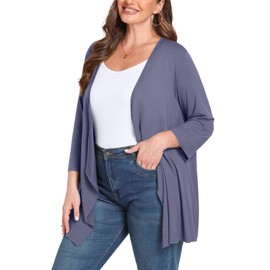 TIANZHU Women's Plus Size Sheer Cardigan Sweater Lightweight Wrap Kimono Open Front 3/4 Sleeve Drape Duster Purple Grey 4X