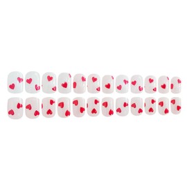 Valentine's Day Press on Nails Short Square Fake Nails with Cute Heart Designs Glossy Glue on Nails Short Nails Press ons Nude False Nails Full Cover Acrylic Stick on Nails for Women Manicure 24 Pcs
