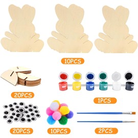 ZeYou Hasen aus Holz zum Bemalen, 10 Stück, Osterhasen, Dekoration mit bunten Pompons, Basteln, Dekoration für Osterhasen für Kinder, Ostern und Frühling zum Dekorieren