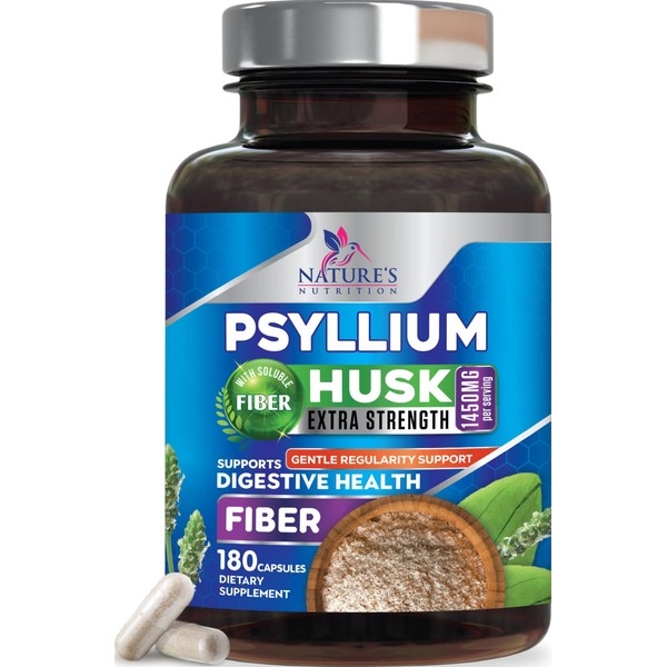 High Absorption Psyllium Husk Capsules 1450mg, Natural Soluble Fiber Supplement Non-GMO Gluten Free Digestive Support, Psyllium Fiber Caps Support Digestion & Regularity - 180 Capsules