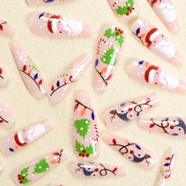 Christmas Press on Nails Long Coffin Fake Nails Pink False Nails Christmas Nails Press ons with Designs Xmas Snowflake Elk Tree Candy Full Cover Glue on Nails Stick on Nails for Women Manicure 24Pcs