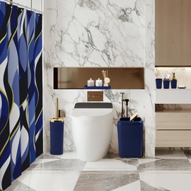 XLHOMO XLHOMO Blue Bathroom Set, Bathroom Sets with Stripe Shower Curtain, Navy Blue and Gold Bathroom Accessories with Trash Can, Soap Dispenser, Soap Dish, Toilet Brush Holder, Qtip Holders for Bathroom
