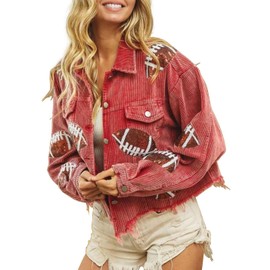 happlan Football Sequin Embroidery Rugby Cropped Frayed Hem Vintage Washed Corduroy Jacket Coat Shacket for Women(0459-Red-M)