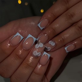 GlamRays 24 Pieces Spring Nail Stickers Short Square, Blue Floral Design False Nail Stickers Blue French Nail Tips